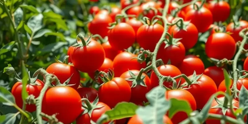 A beautiful landscape of an organic farm with vibrant fruits and vegetables basking in warm sunlight.