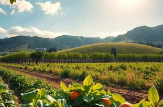 A scenic landscape showcasing an array of organic fruits and vegetables in a serene, natural setting.