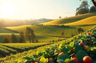 A beautiful landscape filled with organic fruits and vegetables under a warm sun.