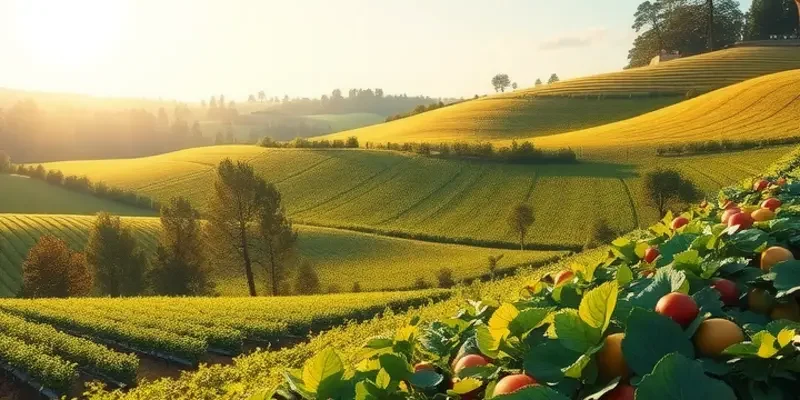 A beautiful landscape filled with organic fruits and vegetables under a warm sun.