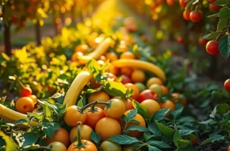 A tranquil landscape featuring an organic orchard filled with fruits and vegetables, symbolizing healthy eating.