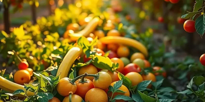 A tranquil landscape featuring an organic orchard filled with fruits and vegetables, symbolizing healthy eating.