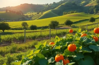 A serene field brimming with colorful fruits and vegetables under warm sunlight.