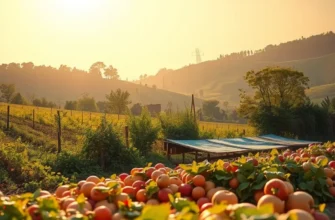 A lively sunlit field with rich organic vegetables and fruits growing in abundance.