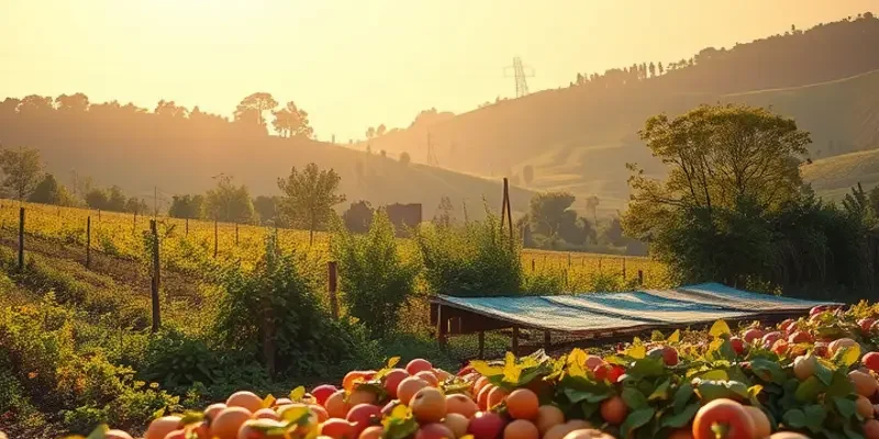 A lively sunlit field with rich organic vegetables and fruits growing in abundance.