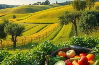 A rich landscape illustrating organic produce in a sunlit setting.
