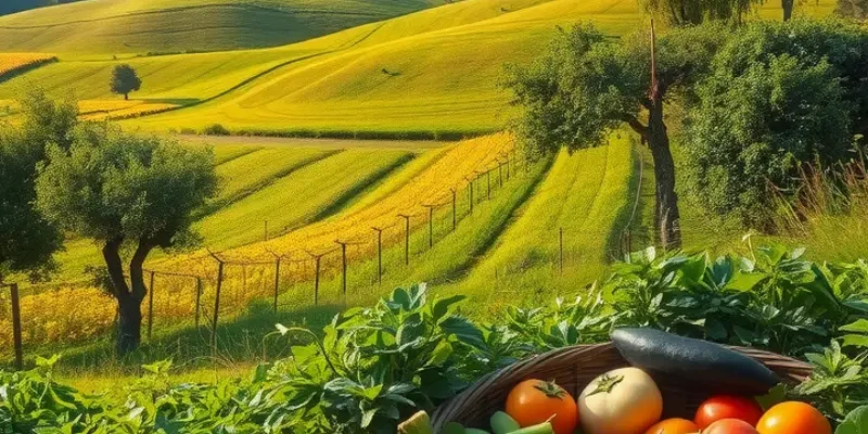 A rich landscape illustrating organic produce in a sunlit setting.