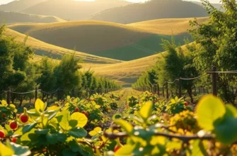 A serene landscape filled with vibrant organic produce and lush greenery under warm sunlight.