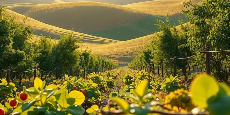 A serene landscape filled with vibrant organic produce and lush greenery under warm sunlight.
