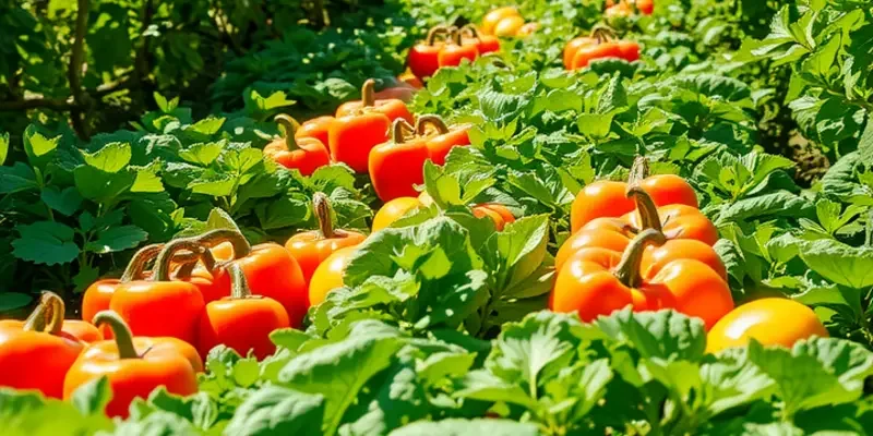 A photorealistic landscape showcasing an orchard overflowing with fresh vegetables and fruits under soft, warm lighting.