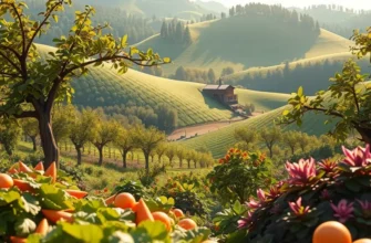 A picturesque orchard displaying vibrant vegetables and fruits under soft, warm lighting.