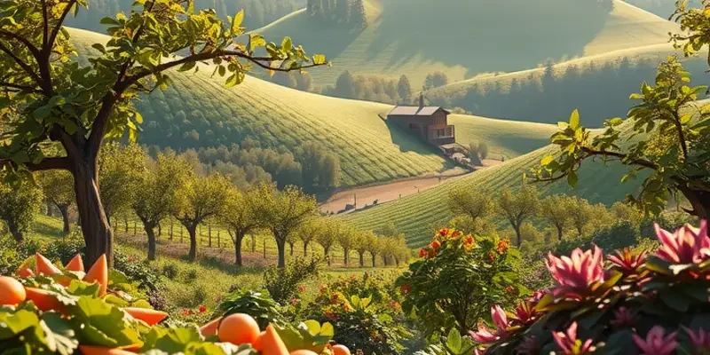 A picturesque orchard displaying vibrant vegetables and fruits under soft, warm lighting.