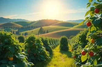 A vibrant landscape of an organic field filled with fruits and vegetables under warm sunlight.