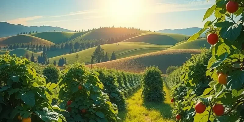 A vibrant landscape of an organic field filled with fruits and vegetables under warm sunlight.