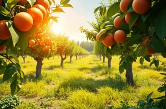 A picturesque landscape showcasing an organic field filled with fresh vegetables and fruits in a sunny setting.