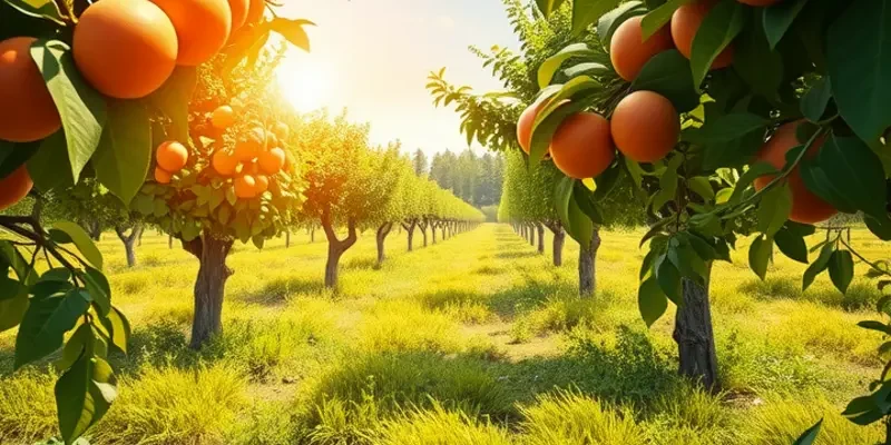 A picturesque landscape showcasing an organic field filled with fresh vegetables and fruits in a sunny setting.