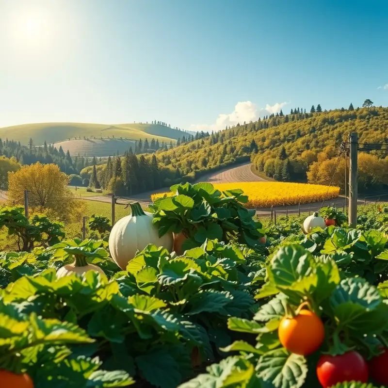 A lush sunlit field filled with vibrant organic vegetables and fruits.