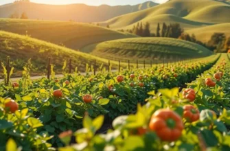 A sunlit landscape brimming with fresh organic vegetables and fruits.