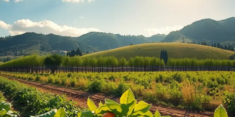 A scenic landscape showcasing an array of organic fruits and vegetables in a serene, natural setting.
