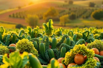 A lively orchard displaying an array of organic fruits and vegetables flourishing under sunlight.