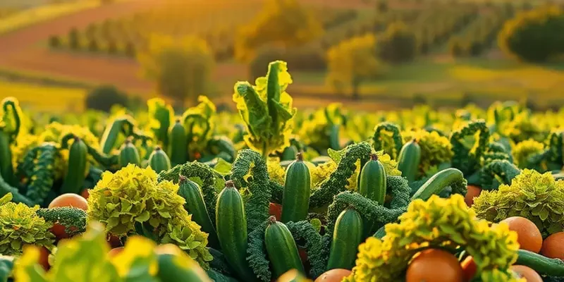 A lively orchard displaying an array of organic fruits and vegetables flourishing under sunlight.