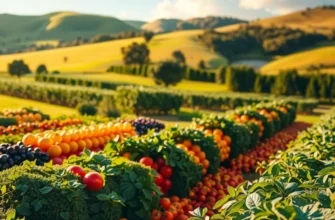 A beautiful orchard filled with healthy organic fruits and vegetables under a warm sun.