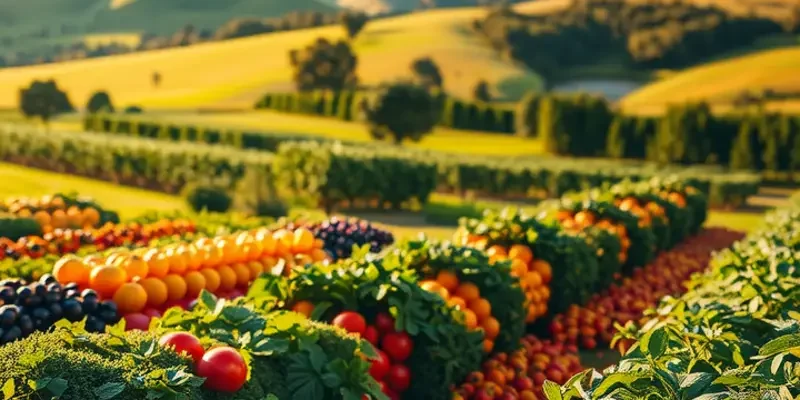 A beautiful orchard filled with healthy organic fruits and vegetables under a warm sun.