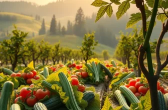 A peaceful landscape depicting organic produce growing amidst vibrant greenery.