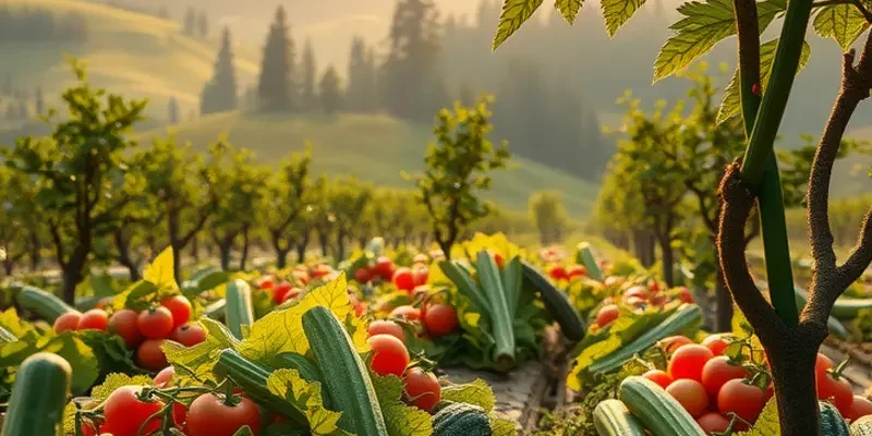 A peaceful landscape depicting organic produce growing amidst vibrant greenery.