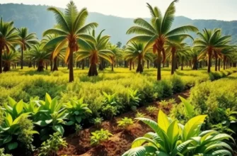 A lush orchard filled with diverse organic fruits and vegetables under soft sunlight