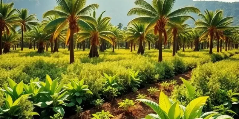 A lush orchard filled with diverse organic fruits and vegetables under soft sunlight