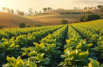 A field abundant with vibrant vegetables and fruits among green hills.