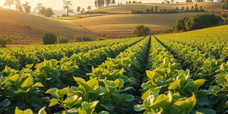 A field abundant with vibrant vegetables and fruits among green hills.