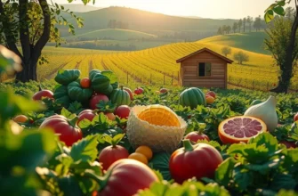 A tranquil sunlit field displaying an abundance of organic fruits and vegetables.