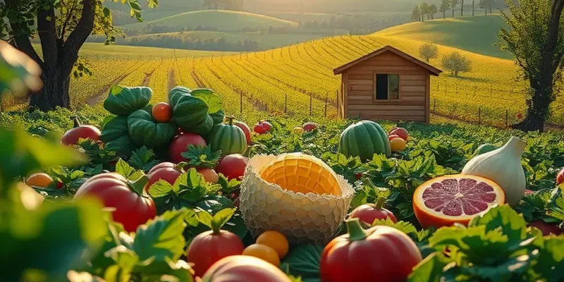 A tranquil sunlit field displaying an abundance of organic fruits and vegetables.