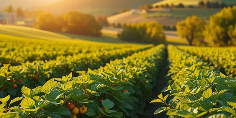 A peaceful landscape showcasing nature's bounty of organic fruits and vegetables.