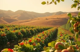 A vibrant, lush field showcasing an abundance of organic fruits and vegetables under soft lighting.