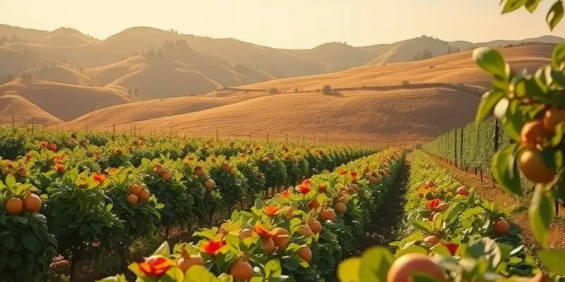 A vibrant, lush field showcasing an abundance of organic fruits and vegetables under soft lighting.