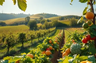 A picturesque landscape showcasing organic fruits and vegetables under soft sunlight.