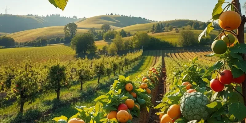 A picturesque landscape showcasing organic fruits and vegetables under soft sunlight.