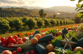 A beautiful organic orchard landscape filled with vibrant fruits and vegetables under a clear blue sky.