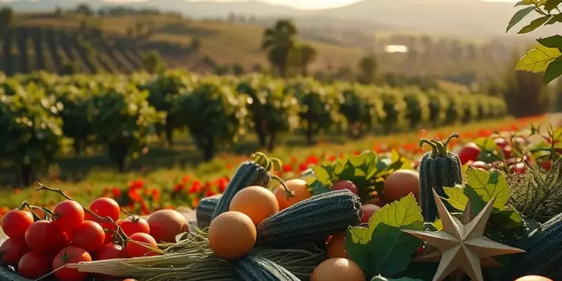 A beautiful organic orchard landscape filled with vibrant fruits and vegetables under a clear blue sky.