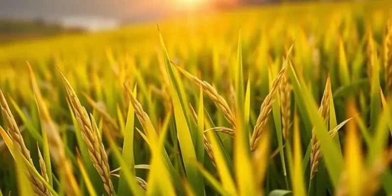 A serene landscape with vibrant vegetables and fruits growing in a sunlit field.