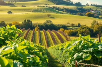 A peaceful, sunlit field teeming with colorful organic vegetables and fruits in a natural setting.