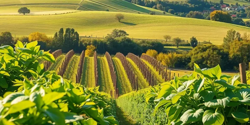 A peaceful, sunlit field teeming with colorful organic vegetables and fruits in a natural setting.
