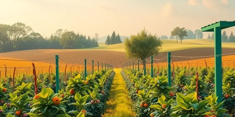 A sunlit field overflowing with diverse organic produce in a lush, serene environment.