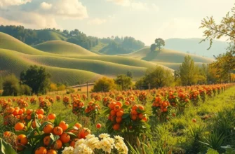 A picturesque sunset illuminating a field abundant with vibrant organic fruits and vegetables.