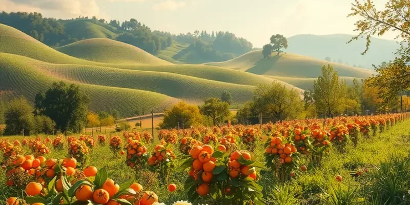 A picturesque sunset illuminating a field abundant with vibrant organic fruits and vegetables.