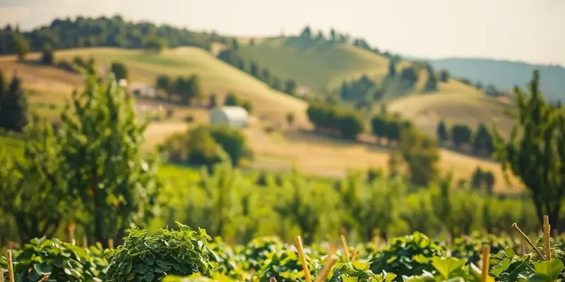A stunning sunset over a field filled with vibrant organic vegetables and fruits.