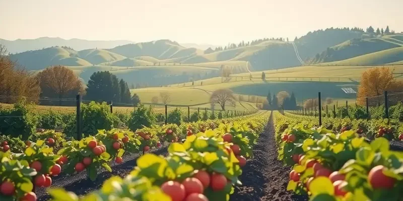 Scenic landscape of vibrant, fresh organic produce thriving in a sunlit field.